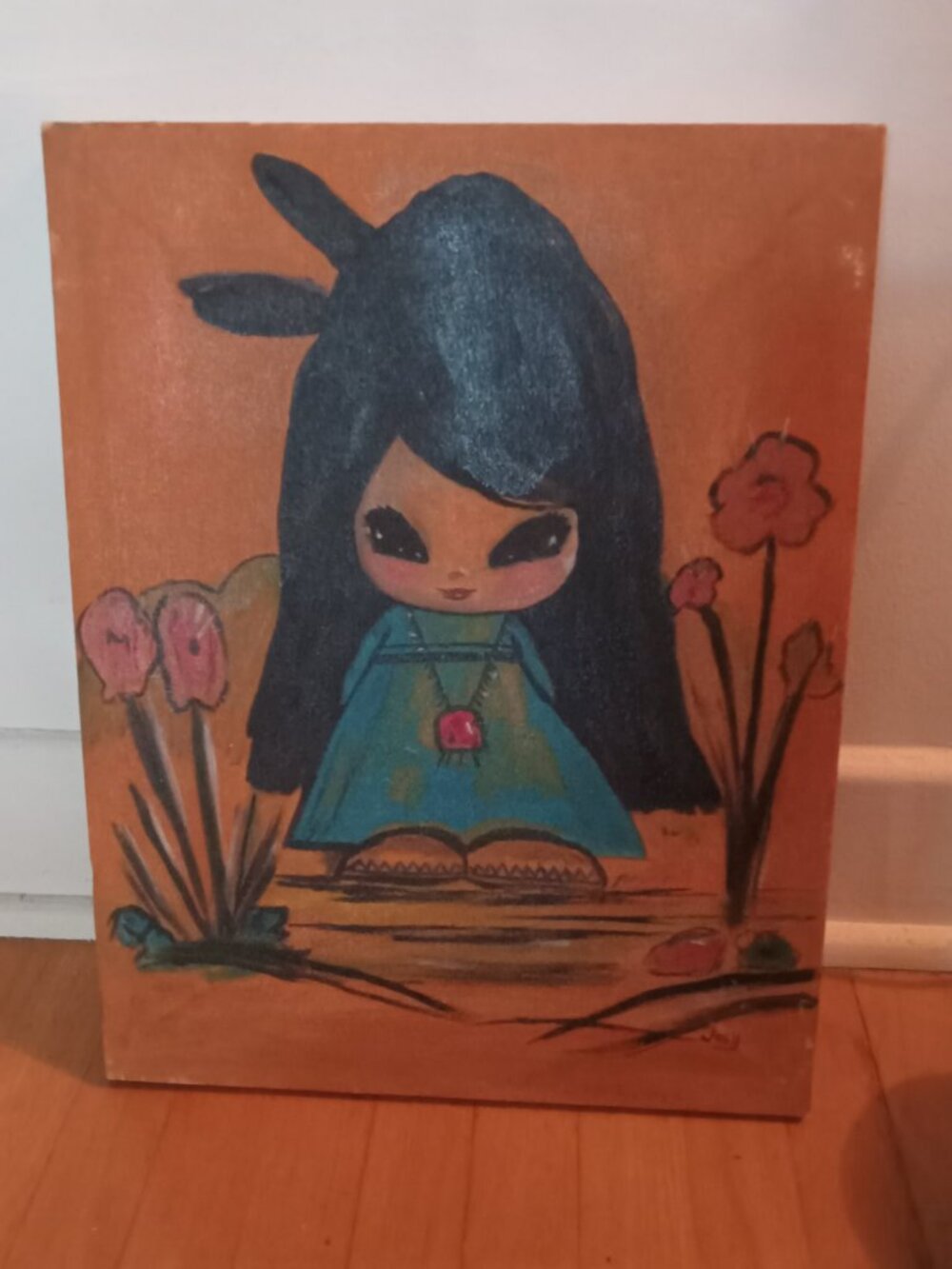 Vintage native american canvas painting 1972 Fleur de printemps